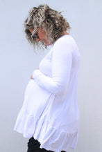 Load image into Gallery viewer, pregnant lady wearing sunglasses in a white long sleeve top with ruffles
