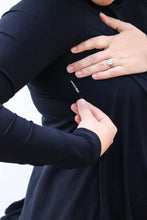 Load image into Gallery viewer, Breastfeeding access on a stylish black maternity dress for pregnant women

